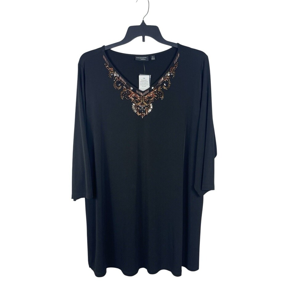 Susan Graver Brown Beaded V-neck Liquid Knit 3/4 Sleeve Tunic Top Top 2X NWT